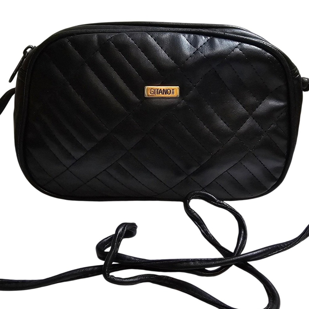 Gitano Vintage Black Quilted Crossbody Camera Bag Gold Logo Retro 90s